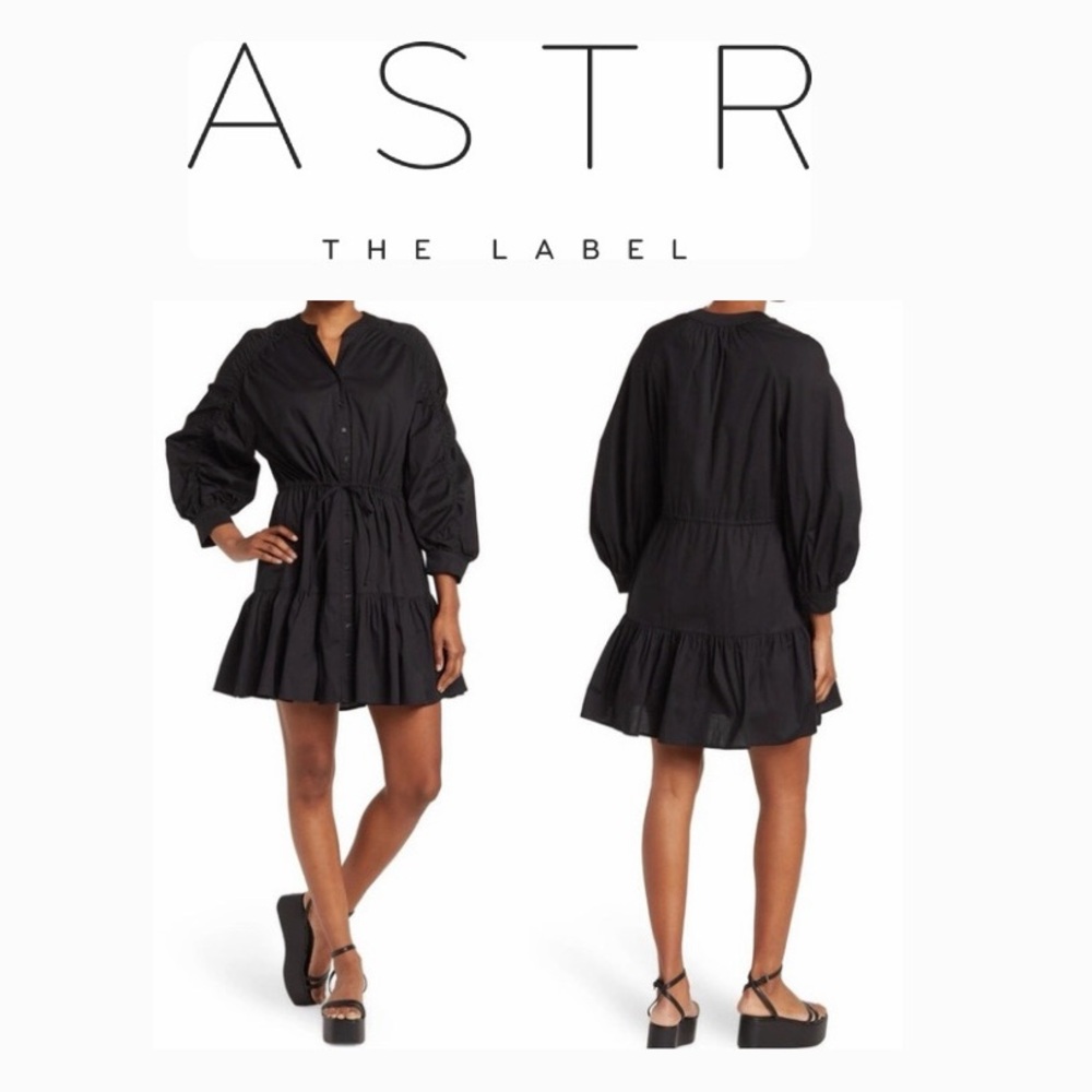 222$ ASTR Black Ruched Long Sleeve Dress Flared Billowy Skirt Tie Waist
